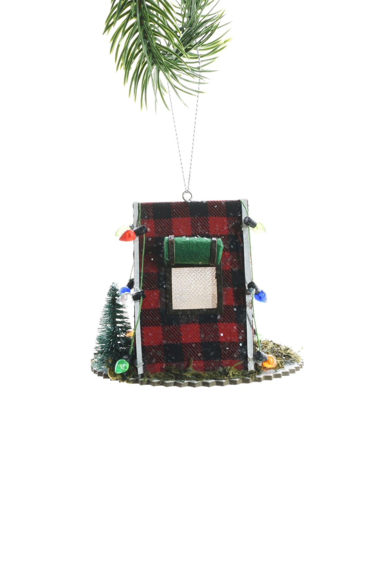 3.5" Hanging Buffalo Plaid Red and Green Wooden Rustic Tent LED Ornament