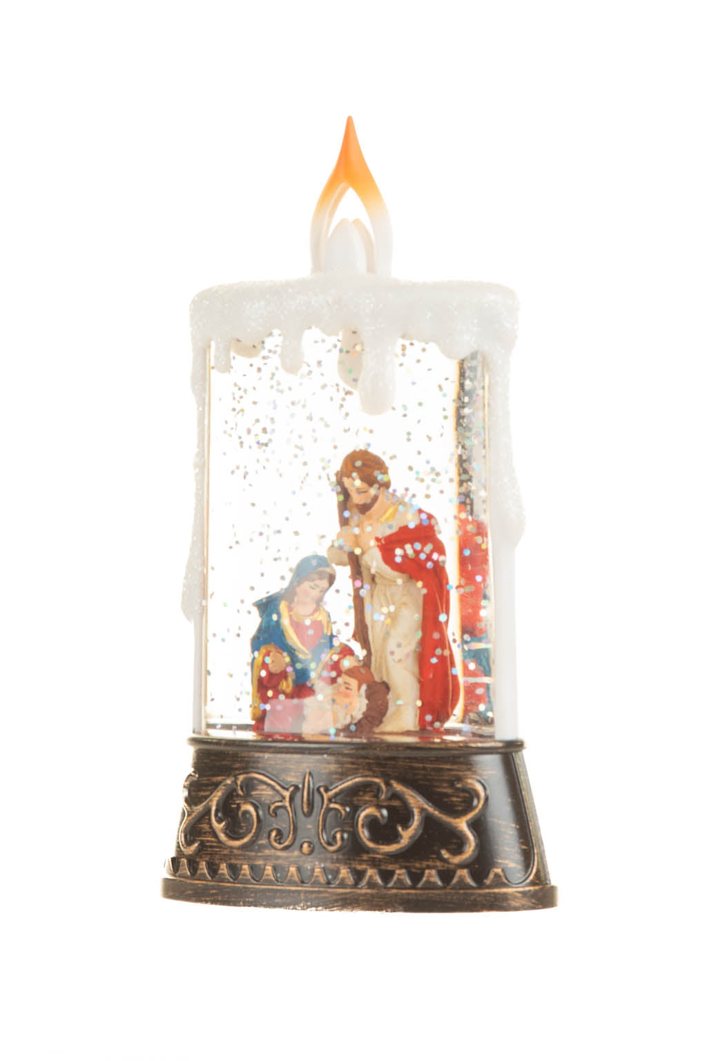 14.5" Bronze and White Plastic Candle Warm White LED Snow Globe with Baby Jesus