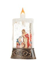 14.5" Bronze and White Plastic Candle Warm White LED Snow Globe with Baby Jesus