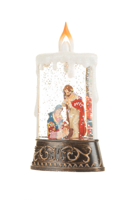 14.5" Bronze and White Plastic Candle Warm White LED Snow Globe with Baby Jesus