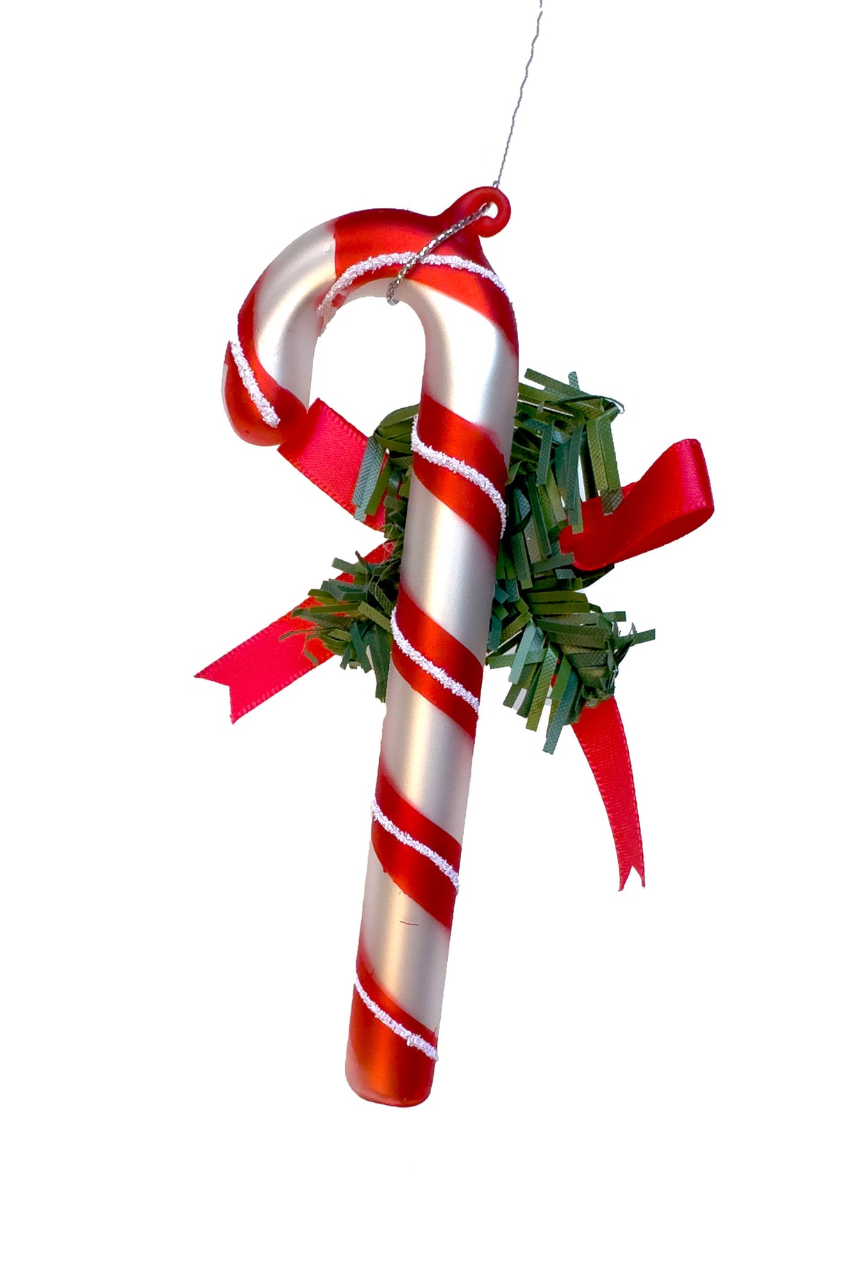 4.5" Hanging Red and White Glass Candycane Ornament with Red Bow