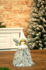 12" White and Silver Cloth Angel Girl LED Figurine with Silver Wings