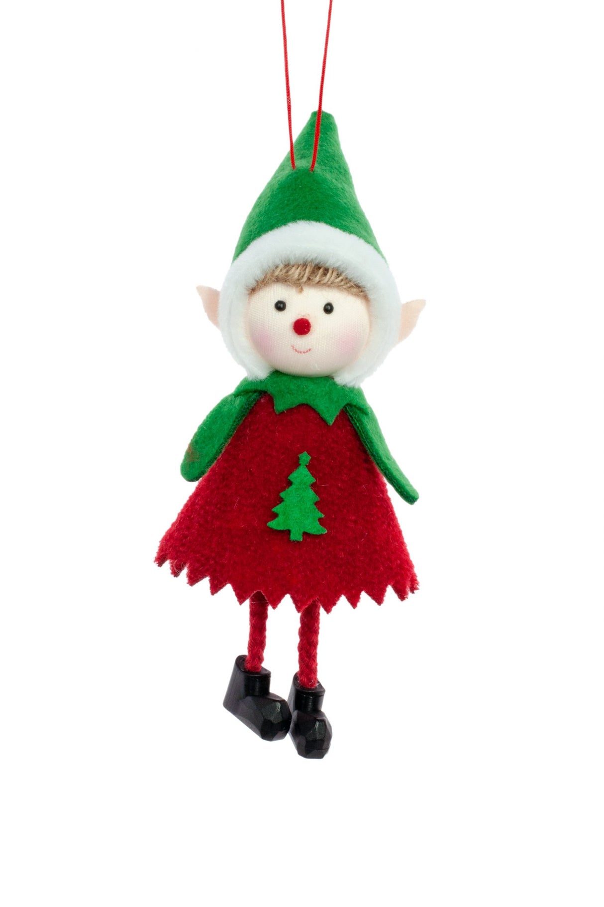 7" Hanging Red Felt Elf Ornament with Christmas Tree Shirt