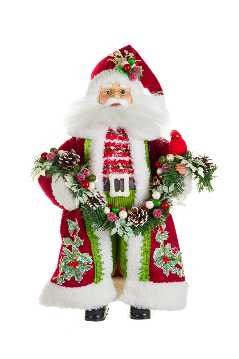 19" Red and Green Fabric Old World Santa Figurine with Wreath