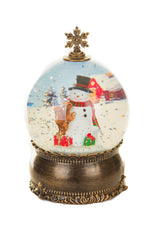 8" Brass Plastic Bauble Warm White LED Snow Globe with Snowman and Swirling Glitter