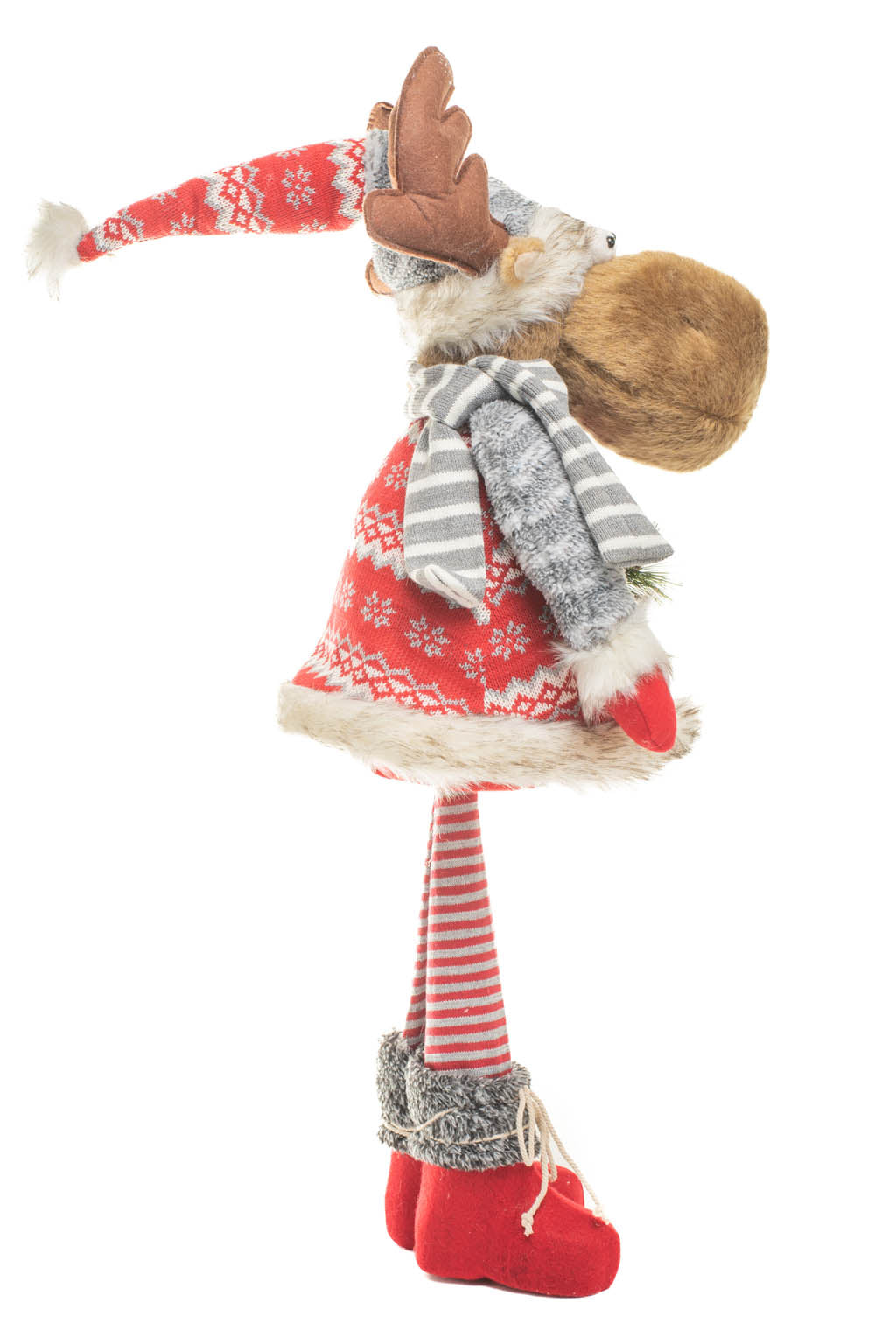 29" Red and Gray Knitted Moose Figurine with Skis