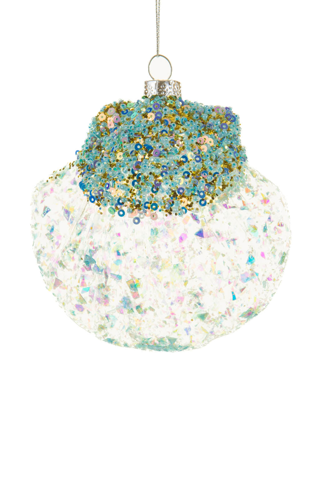 4.5" Hangable Baby Blue Glass Oyster Ornament with Sequins