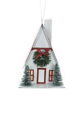 5" Hanging White and Red Wooden Holiday Home LED Ornament with Hanging Wreath