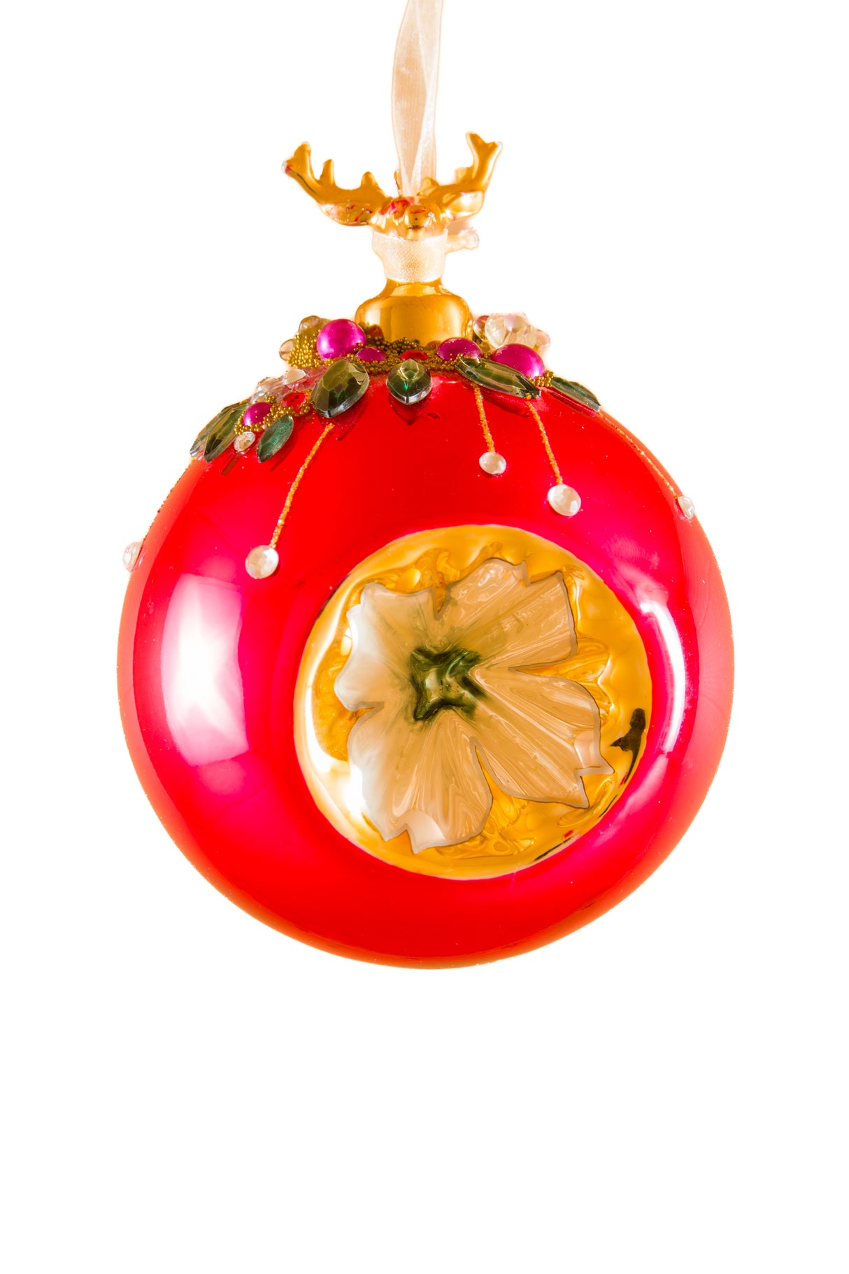 4.3" Hanging Metallic Red Glass Ball Ornament with White Lilac