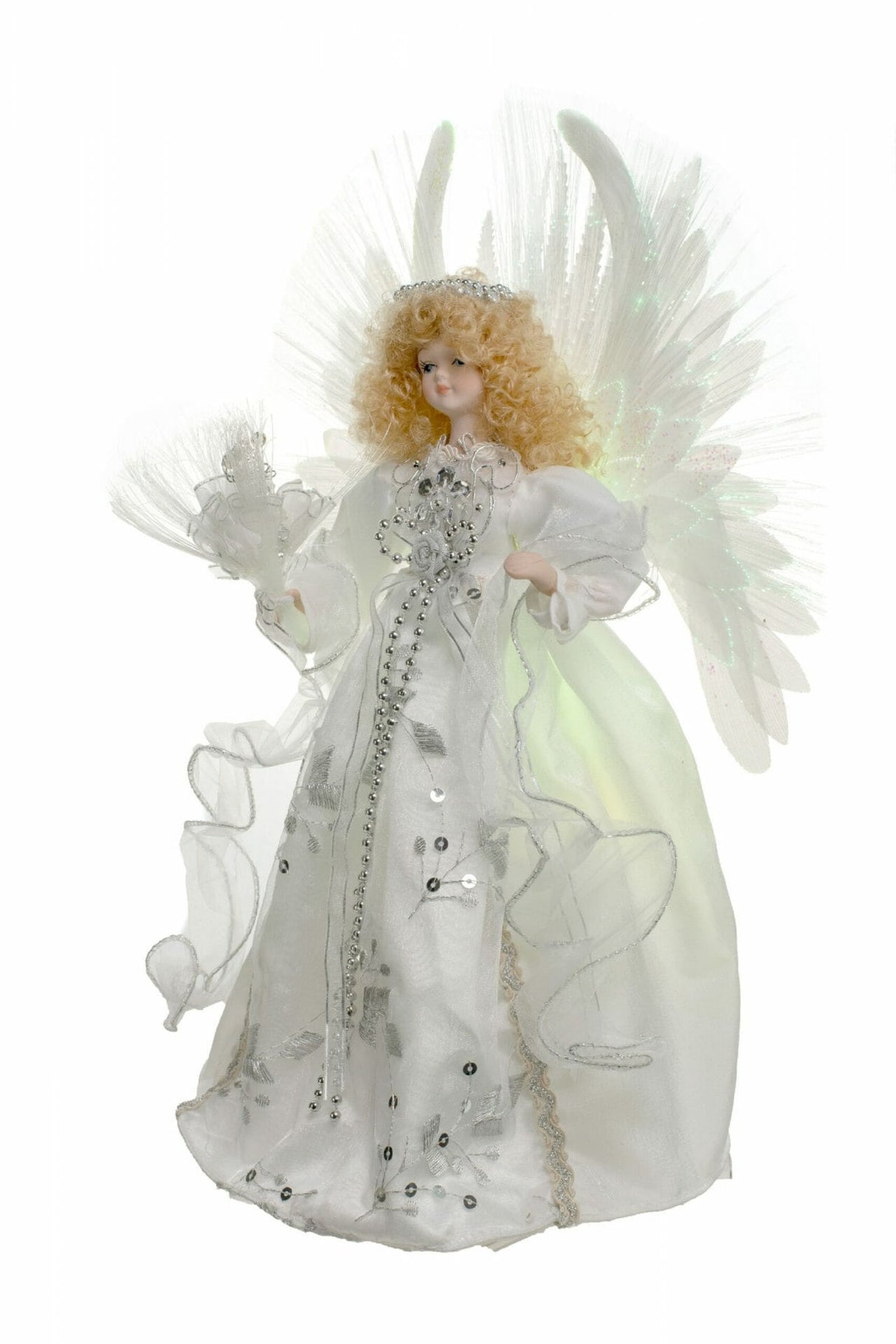 13" White Cloth Contemporary Fiber Optic Angel Tree Topper with Blonde Hair