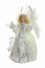 13" White Cloth Contemporary Fiber Optic Angel Tree Topper with Blonde Hair