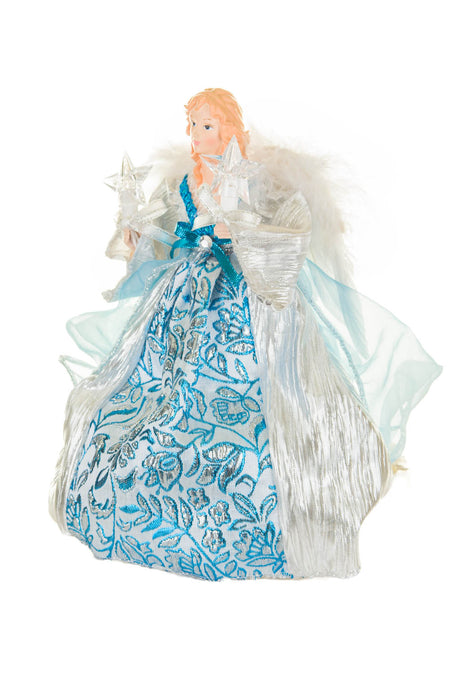 10" Cerulean and Silver Polyester Majestic Warm White LED Angel Tree Topper