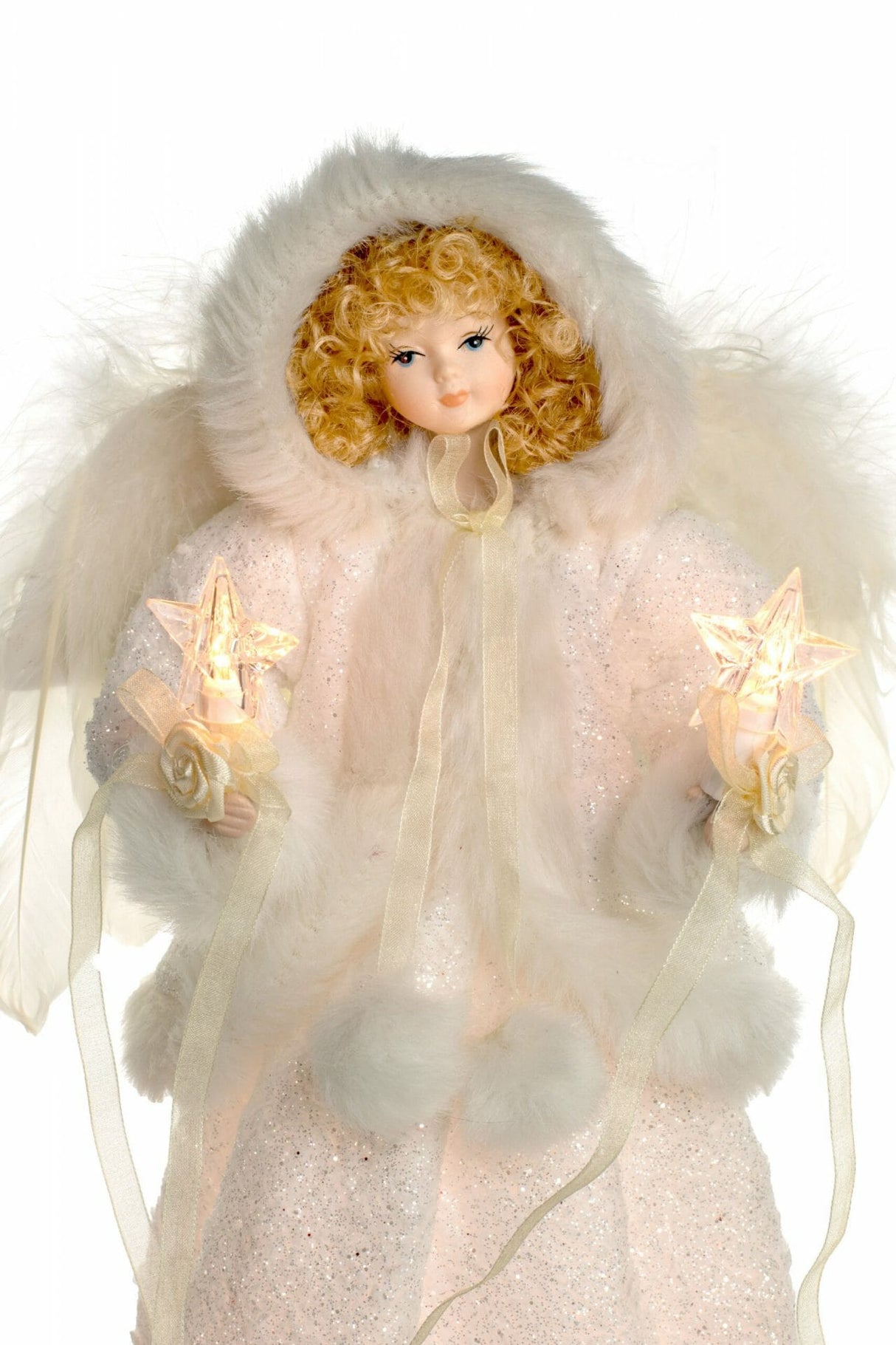 15" Ivory Cloth Hooded 10-Light Angel Tree Topper with Blonde Curly Hair