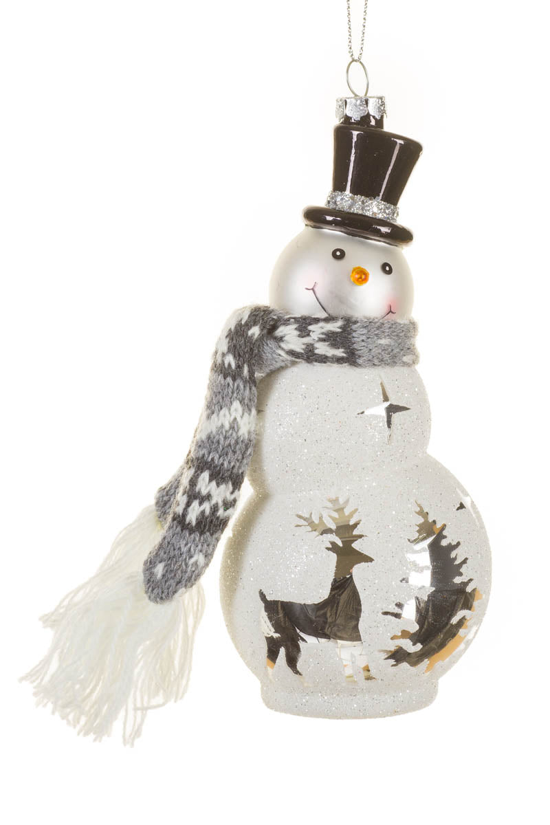 6.25" Frosted Hanging Sparkly White Glass Snowman Ornament with Knitted Scarf