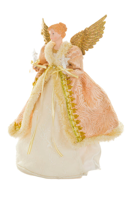15" Pink and Ivory Cotton Regal Warm White LED Angel Tree Topper with Golden Wings