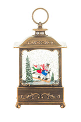 8.6" Bronze Plastic Lantern Warm White LED Snow Globe with Skiers