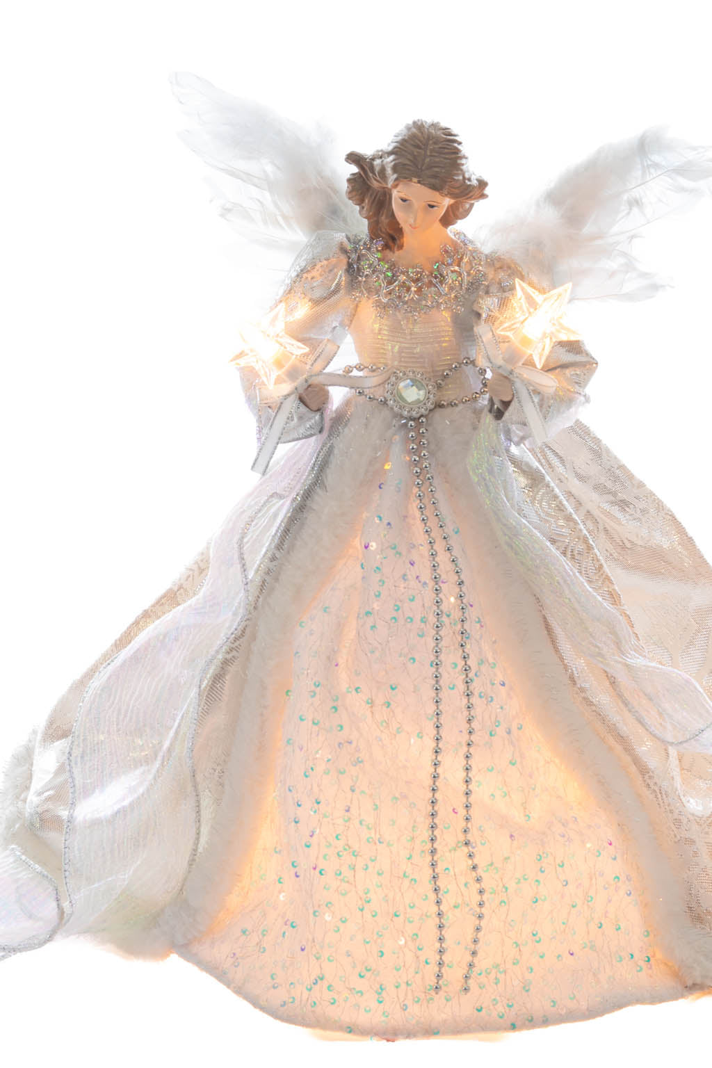 15" Sequin Silver and White Polyester Elegant Warm White LED Angel Tree Topper In Snowflake Dress