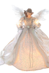15" Sequin Silver and White Polyester Elegant Warm White LED Angel Tree Topper In Snowflake Dress