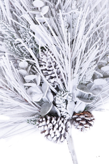 34" Hangable Flocked White and Green Pvc Teardrop Swag with Pinecones