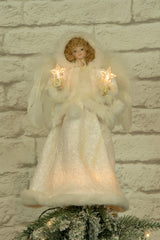 15" Ivory Cloth Hooded 10-Light Angel Tree Topper with Blonde Curly Hair