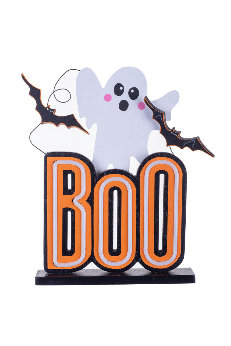 13.5" White and Orange Wooden Ghastly "Boo" Warm White Illuminated Sign