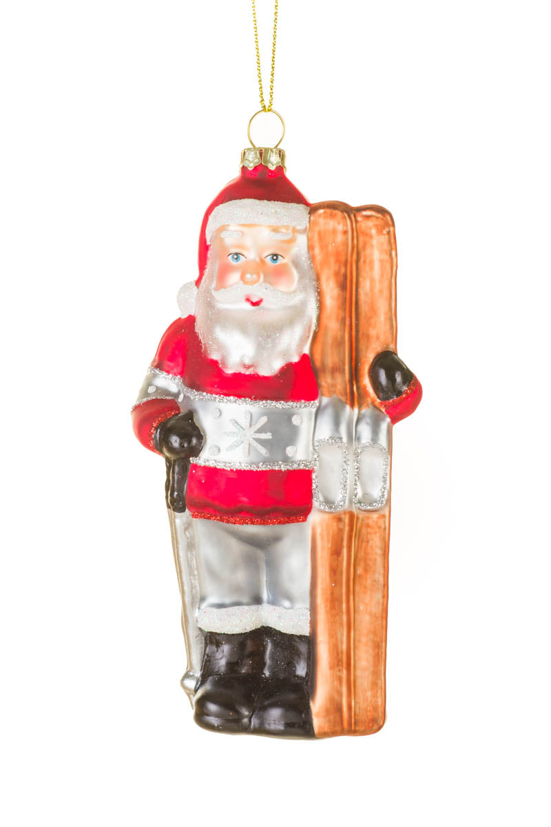 5.5" Hanging Red and Silver Glass Ready To Ski Santa Ornament