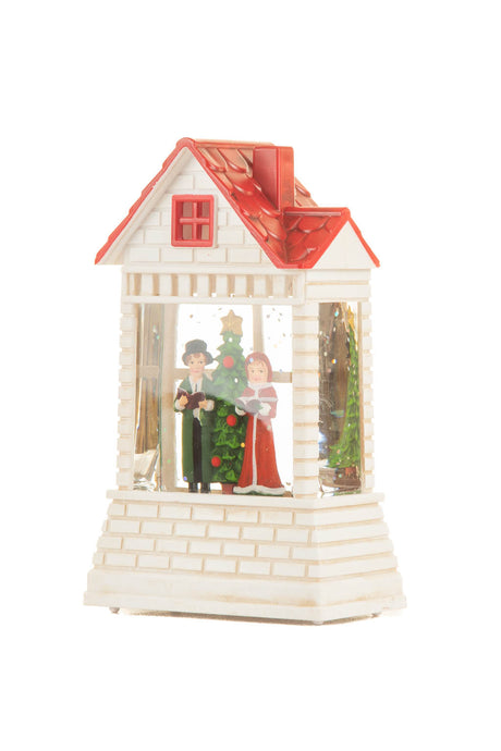 12.5" Mini White and Red Plastic Brick House Warm White LED Snow Globe with Carolers