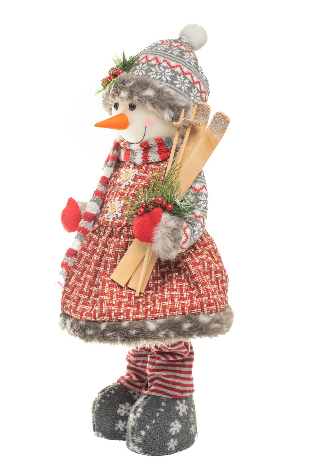 29" Tartan Red and White Stitched Fabric Cross-Stitch Snowman
