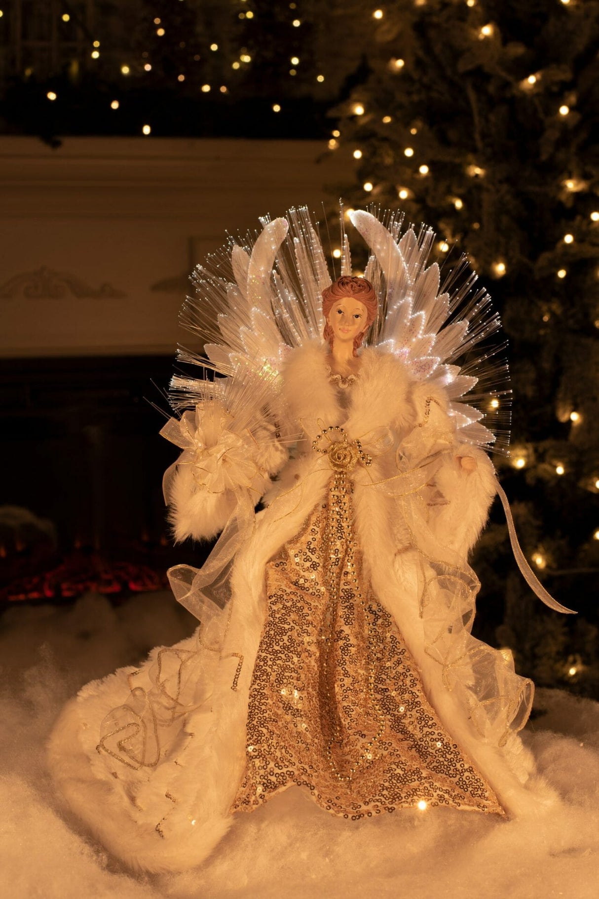 16" White and Gold Cloth Classic Fiber Optic Angel Tree Topper with Bouquet