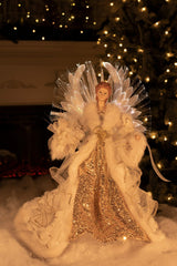 16" White and Gold Cloth Classic Fiber Optic Angel Tree Topper with Bouquet