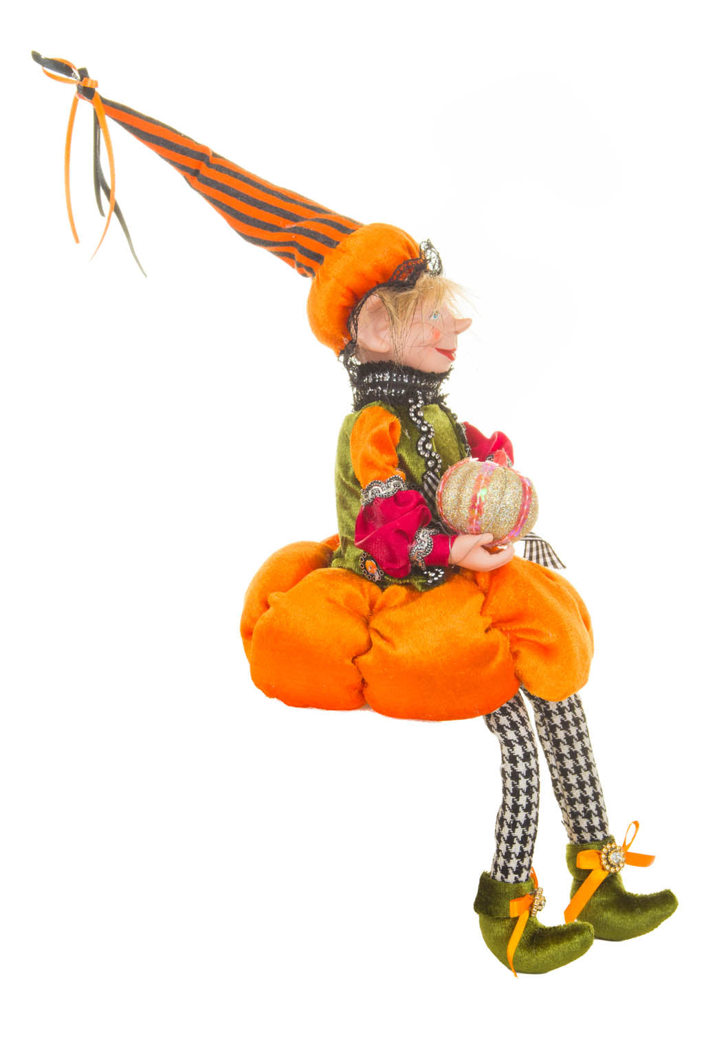 15" Orange and Green Cloth Elf Girl Doll with Pumpkin Hat