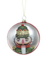 4" Flat Hanging Green and Silver Glass Drop Ornament with Nutcracker