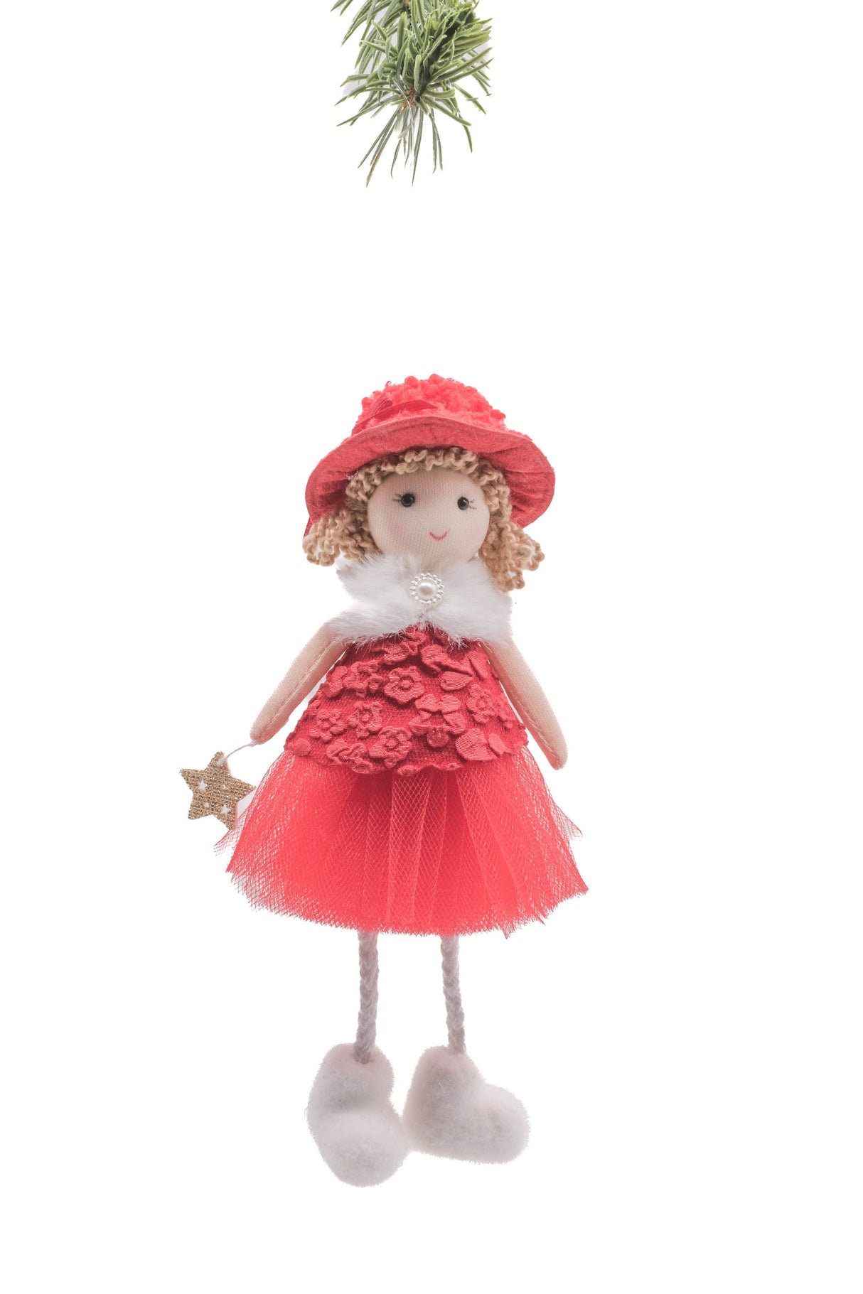 6.5" Hanging Red and White Cloth Gentle Girl Doll with Sunday Hat