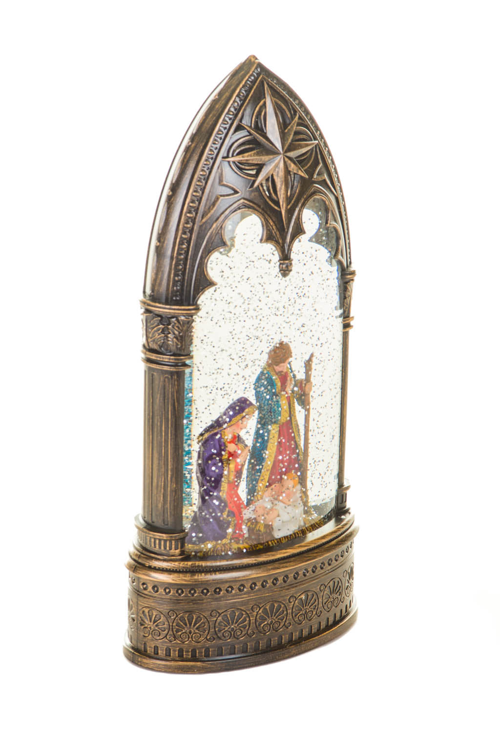 11.8" Bronze Plastic Nativity Warm White LED Snow Globe with Swirling Glitter
