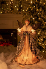 14" Cream Rattan Rustic 10-Light Angel Tree Topper with Black Gingnam Skirt
