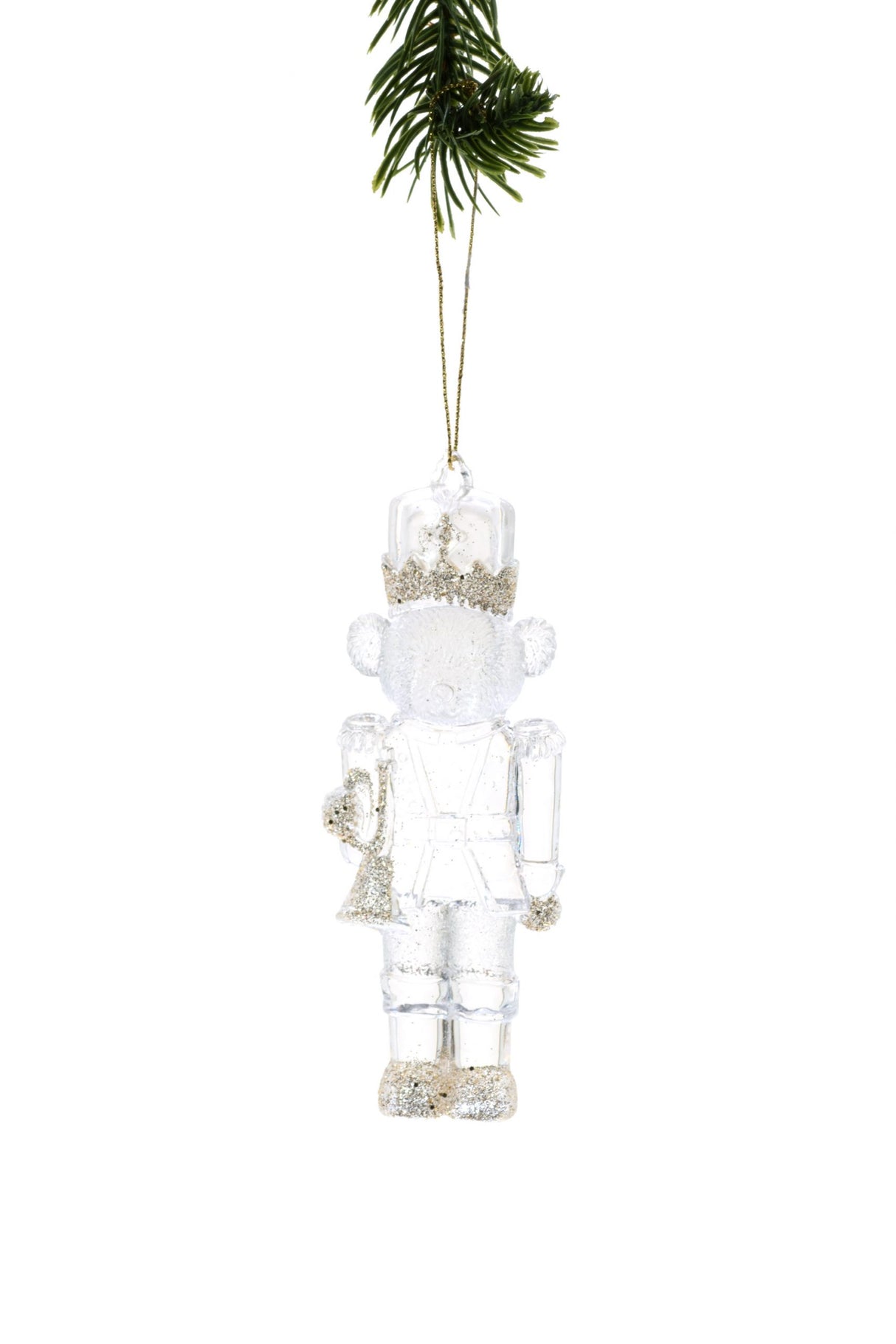 5.6" Hanging Clear and Gold Bear Soldier Ornament with Trumpet