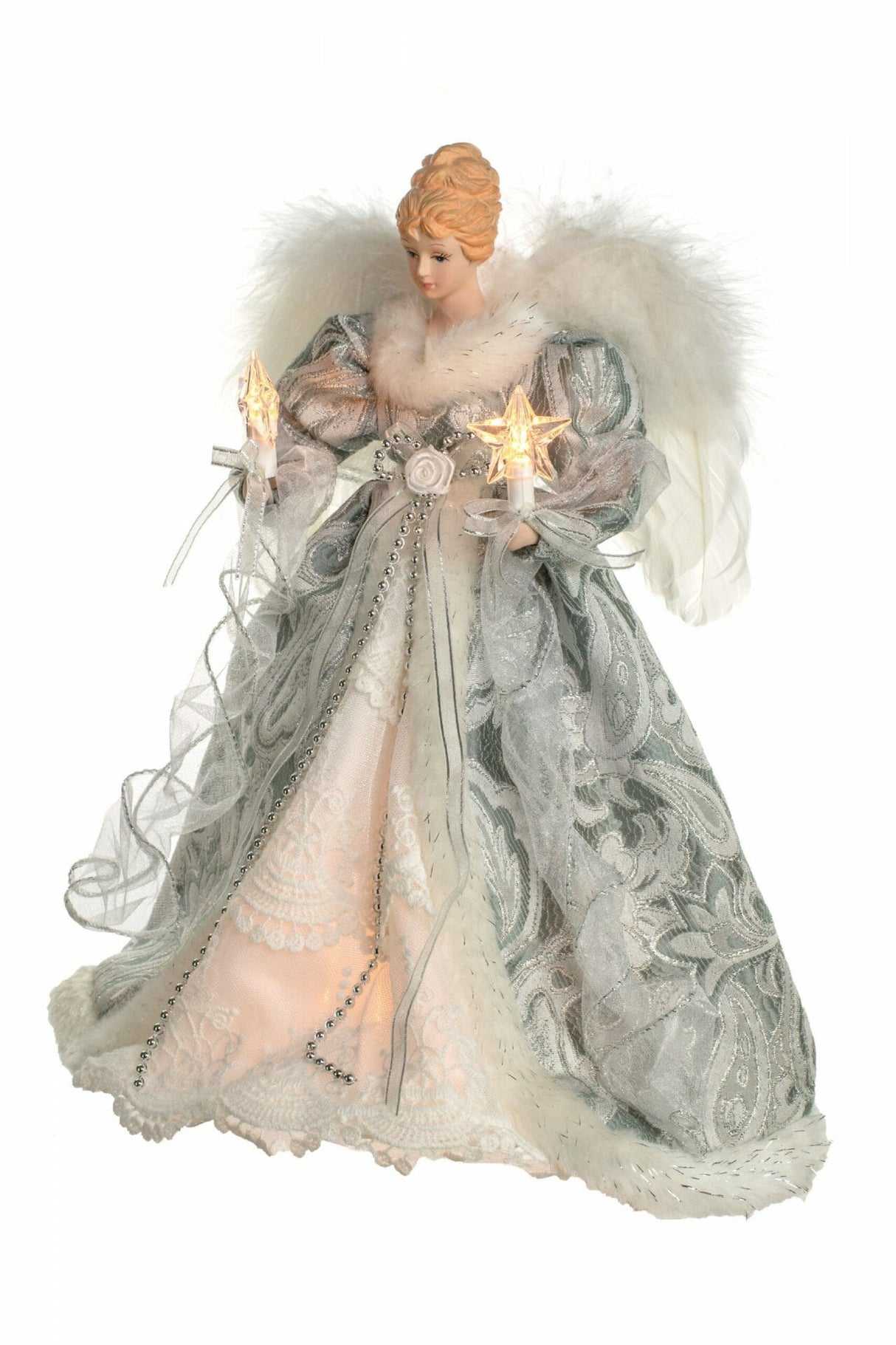 14" Silver and White Cloth Vintage 10-Light Angel Tree Topper with White Fluffy Wings