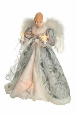 14" Silver and White Cloth Vintage 10-Light Angel Tree Topper with White Fluffy Wings