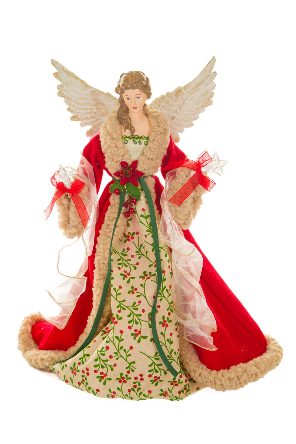 17" Large Red and Beige Cotton Chic Warm White LED Angel Tree Topper with Glowing Stars