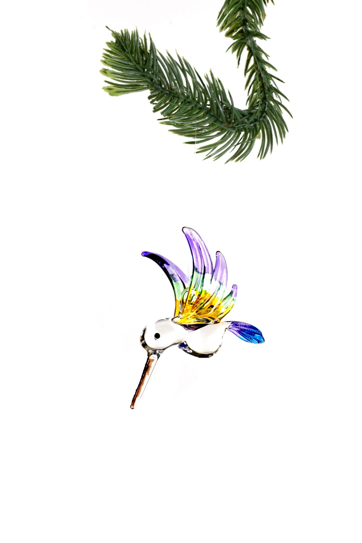 3" Hanging Purple and Yellow Glass Hummingbird Ornament