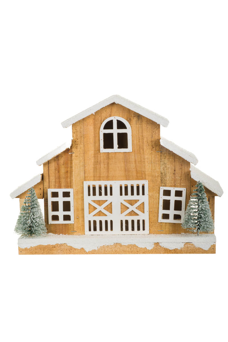 15.5" Umber and White Wooden Rustic Barn Warm White LED Accent with Pine Trees
