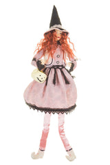 26" Sitting Baby Pink and Black Cloth Captivating Witch Figure with White Pumpkin