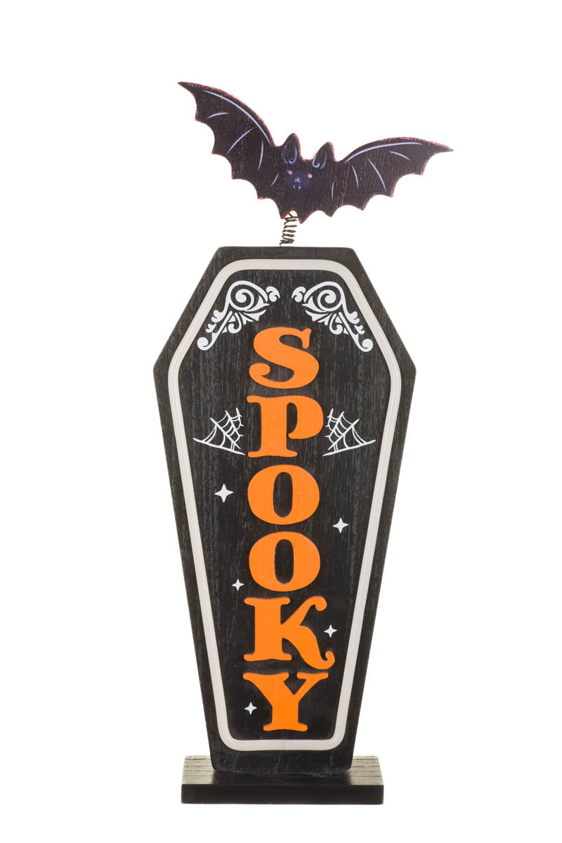 16" Black and Orange Wooden Spooky Coffin Warm White Illuminated Sign with Bobbing Bat