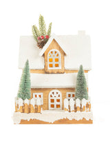 12" White and Light Brown Wood Snowy Cabin Warm White LED Display