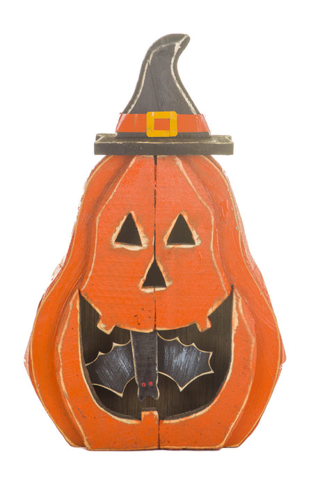 24.5" Orange and Black Wooden Jack O' Lantern Display with Bat