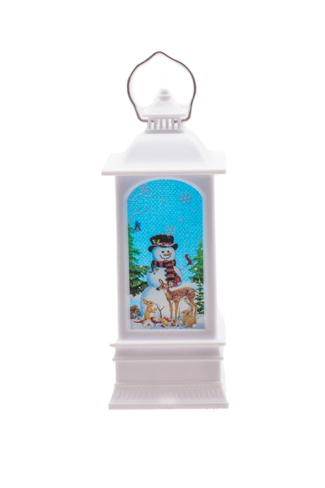 5.25" Small White Plastic Christmas Lantern LED Decoration with Snowman Family