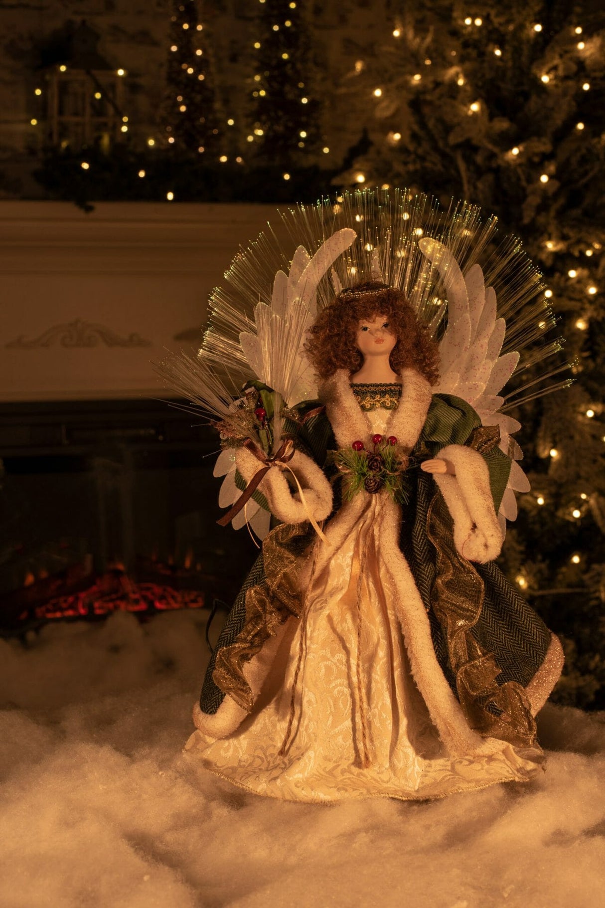 18" Green Cloth Charming Fiber Optic Angel Tree Topper with Brown Hair