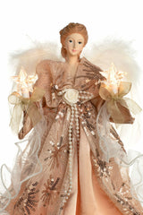 14" Coral Cloth Modern 10-Light Angel Tree Topper with White Fluffy Feathers