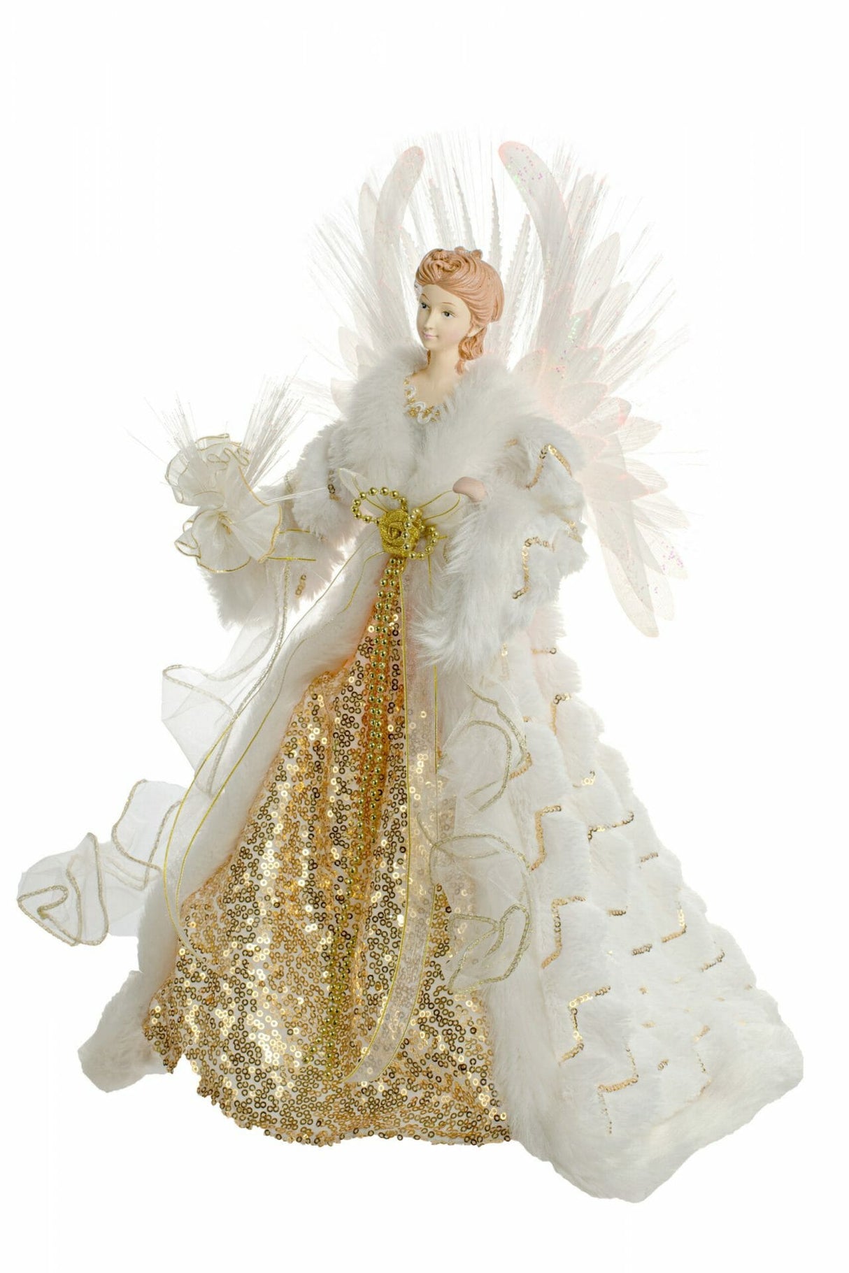 16" White and Gold Cloth Classic Fiber Optic Angel Tree Topper with Bouquet
