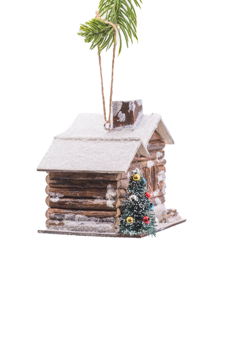 4" Hanging Brown and White Wooden Cabin Illuminated Ornament